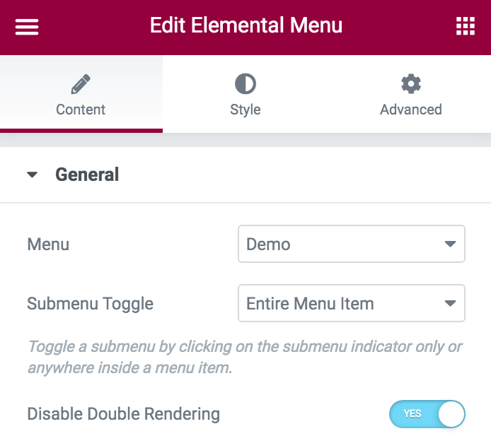 elemental menu disable double rendering control